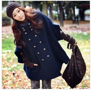 Fashion military batwing sleeve woolen female cape double breasted cloak overcoat trench WD0067 , Free Shipping!