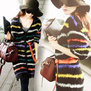 Fashion mix match multicolour stripe long design sweater outerwear cardigan