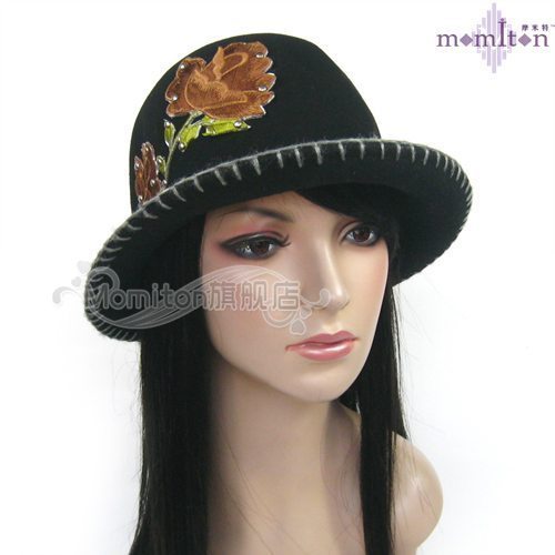 Fashion Momiton wool hat rivet rose flower roll up hem vintage bucket hats bucket hat - black free shipping
