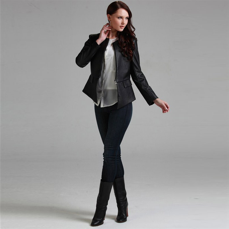 Fashion motorcycle version of symmetrical slim all-match ruffle women's long-sleeve o-neck leather clothing jacket outerwear