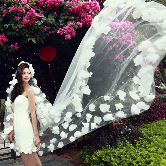 Fashion Multi-layer flower veil long trailing lace bridal veil gloves wedding dress accessories veil 6966