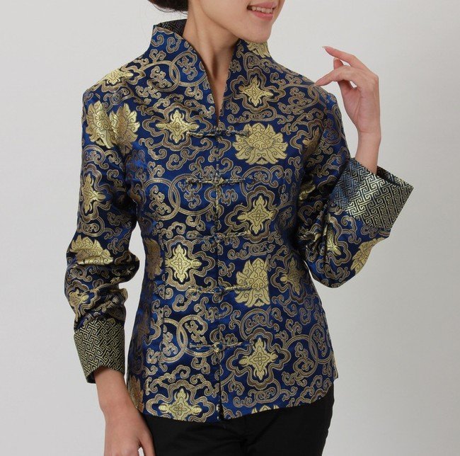 Fashion Navy Blue Chinese Women's Polyester Satin Jacket Coat Flowers S M L XL XXL XXXL Free Shipping J1157