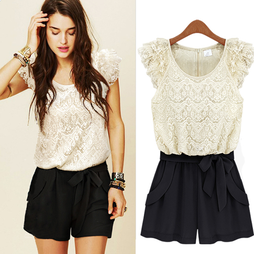 Fashion new arrival 2013 o-neck patchwork lace ruffle sleeve slim fashion jumpsuit