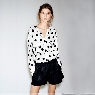 Fashion new arrival 2013 women's long-sleeve dot pocket o-neck cardigan long-sleeve chiffon shirt