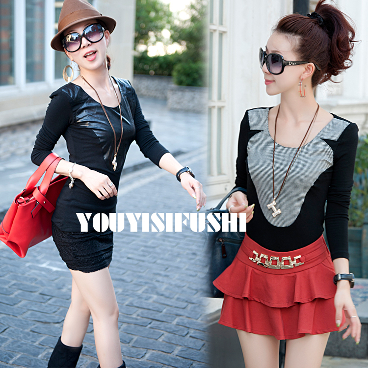 Fashion new arrival fashion autumn and winter slim all-match patchwork leather long-sleeve T-shirt