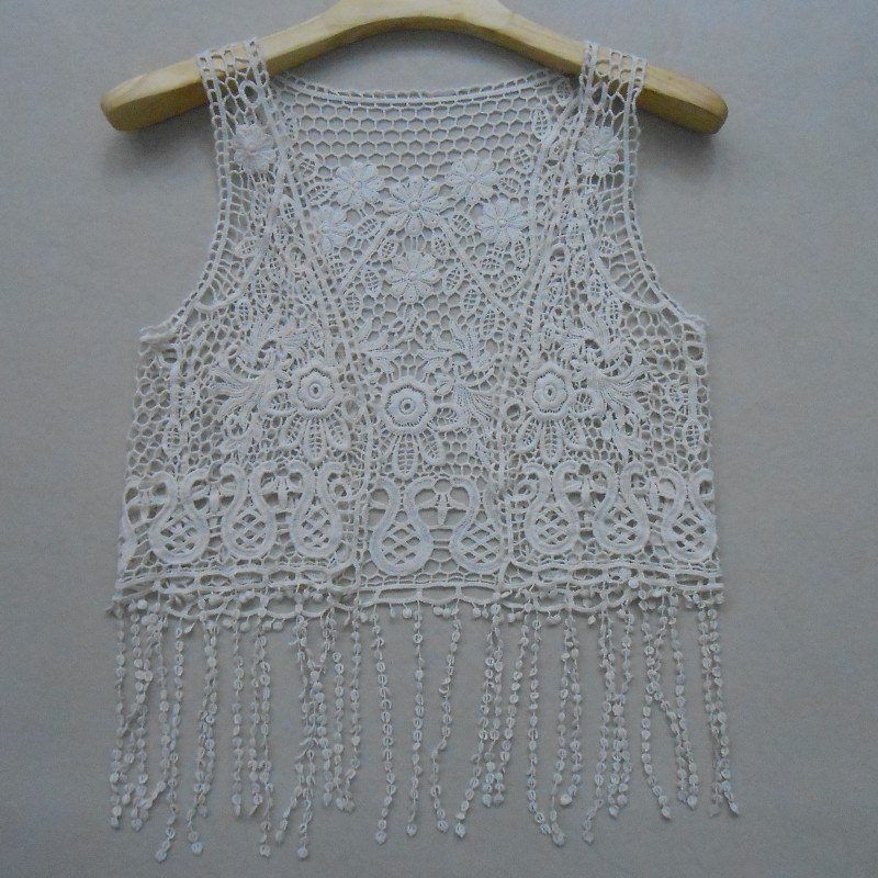 Fashion new arrival summer cutout crochet sleeveless tassel small lace cardigan shirt 8364