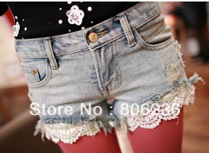 Fashion New Arrive Korean Style Hole Raw Edges Lace Jeans Shorts  A1722