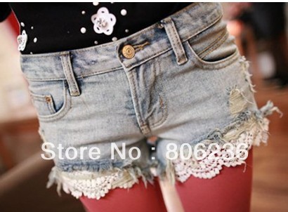Fashion New Arrive Korean Style Hole Raw Edges Lace Jeans Shorts A1722
