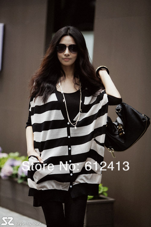 Fashion new hot lady slim black and white striped long sweater cardigan coat jackets