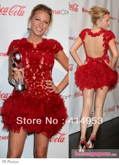Fashion New Style 2012 Sexy Sleeveless Red Lace Applique Open Back Mini Organza Celebrity Dresses