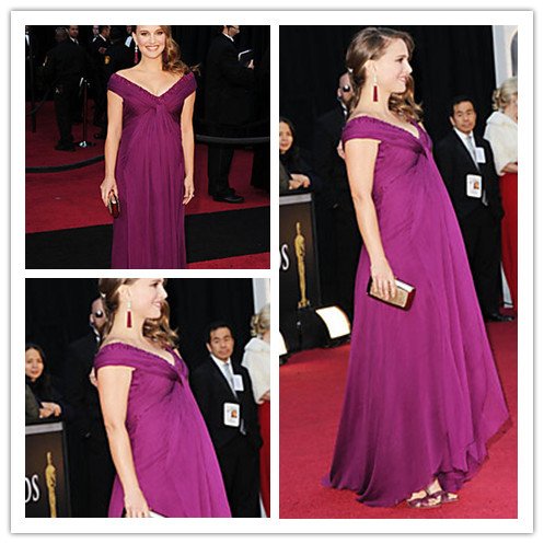 Fashion New V Neck Natalie Portman Evening Red Carpet Celebrity Dresses 2012
