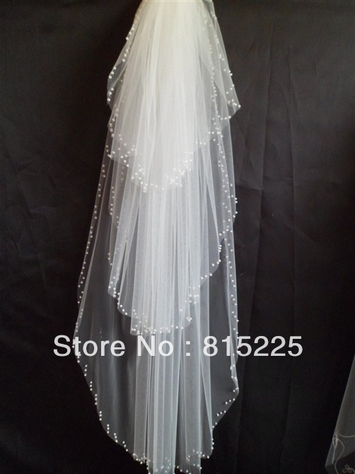 Fashion New Wedding Veil Accessories Bridal Veils Decoration Fingertip Veils Beaded Edge Three Layer White Tulle White Color