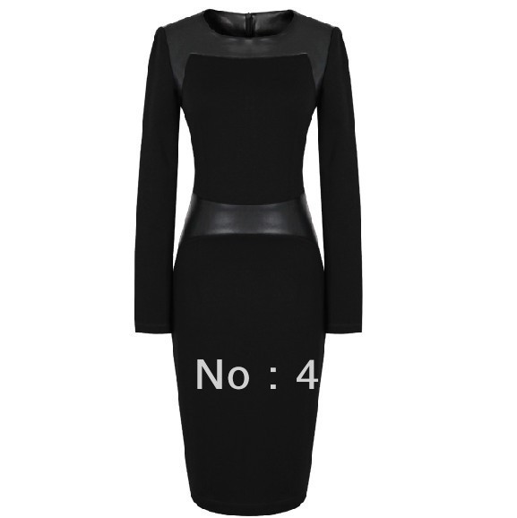 Fashion NEW Women black dress Office ladies career skirt Splicing leather OL Women clothing free shipping