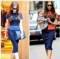FASHION NEW WOMEN CREW NECK COLOR BLOCK SHORT SLLEVE SLIT BACL BODYCON DRESS WITH BACK ZIPPER