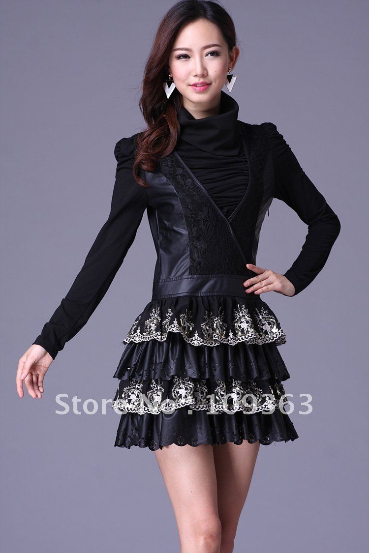 Fashion New Women's Long sleeve Dress,High Grade Elegant Ladies' PU Leather Lace Dress women's Winter dress,Free shipping S1513J