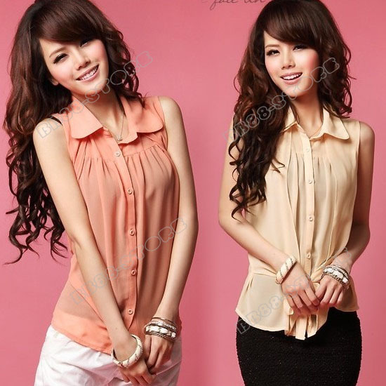 Fashion New Women's Sleeveless Polo Neck Casual Chiffon Shirt Summer Elegant Ladies Blouse Tops Pink Apricot Free Shipping 0175