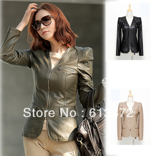 Fashion New Womens Korean Style V-neck  OL Leather Coats Tops XCS1231165