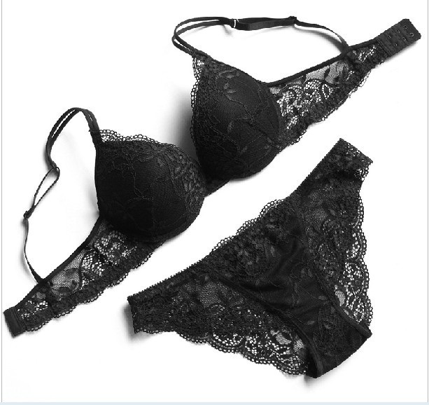 Fashion nobility underwear classic black lace sexy bra set soft flower