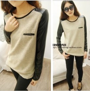 Fashion normic 2012 decoration pocket color block leather sleeves long-sleeve T-shirt female