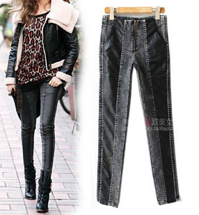 Fashion normic 2012 leather patchwork jeans female trousers legging pants