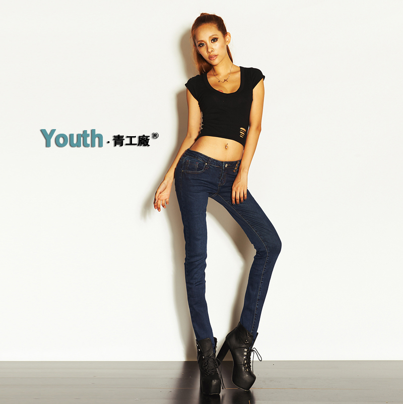 Fashion normic autumn and winter leopard print leather buckle on jeans female low-waist pencil pants trousers