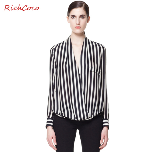 Fashion normic elegant fashion before and after the asymmetrical black and white stripe loose long-sleeve chiffon shirt y d045