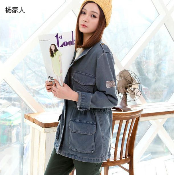 Fashion normic fashion large pockets water wash loose denim outerwear drawstring plus size denim trench