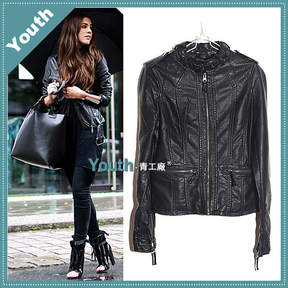 Fashion normic handsome stand collar PU motorcycle slim cuff zipper small leather clothing jacket outerwear