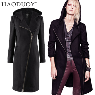 Fashion normic oblique zipper wool blending slim with a hood overcoat trench black hm6 full
