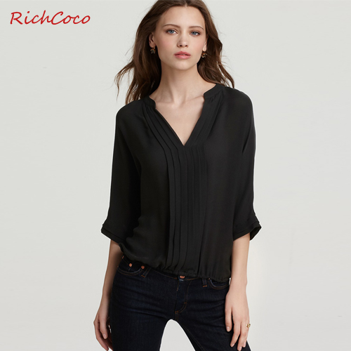 Fashion normic ol elegant fashion loose casual pressure pleated half sleeve fifth sleeve V-neck chiffon shirt plus size female