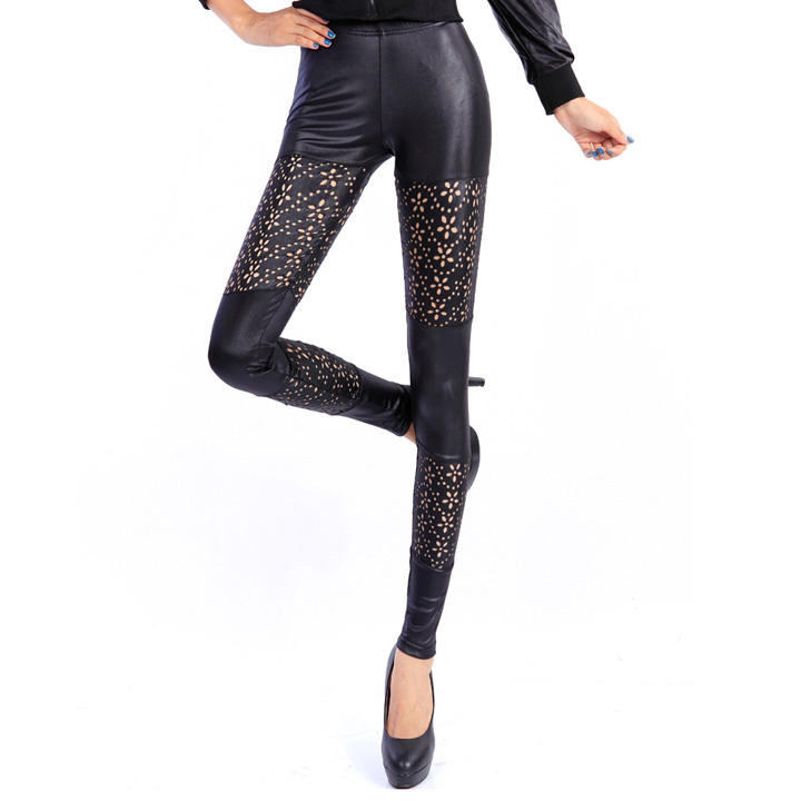 Fashion normic slim sexy ankle length trousers faux leather petals cutout ankle length legging spring and autumn