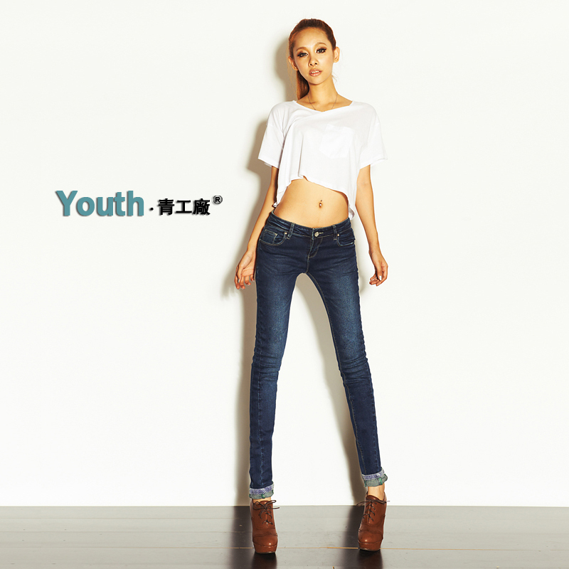 Fashion normic three-dimensional cut blue roll-up hem jeans female low-waist pencil pants trousers