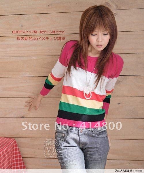 Fashion O-Neck knitted sweater women pullover long sleeve stripe sweaters + Free shipping