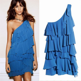 Fashion oblique one shoulder ruffle chiffon tube top layered  dress blue tank dress