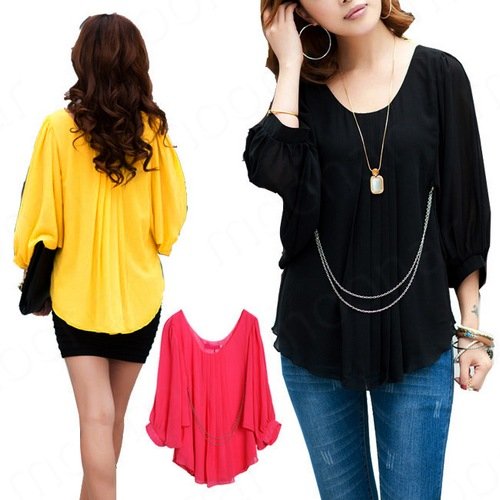 Fashion OL Lady Round Neck Loose Draped Long Sleeve Chiffon T-shirt Tops Blouse E0908