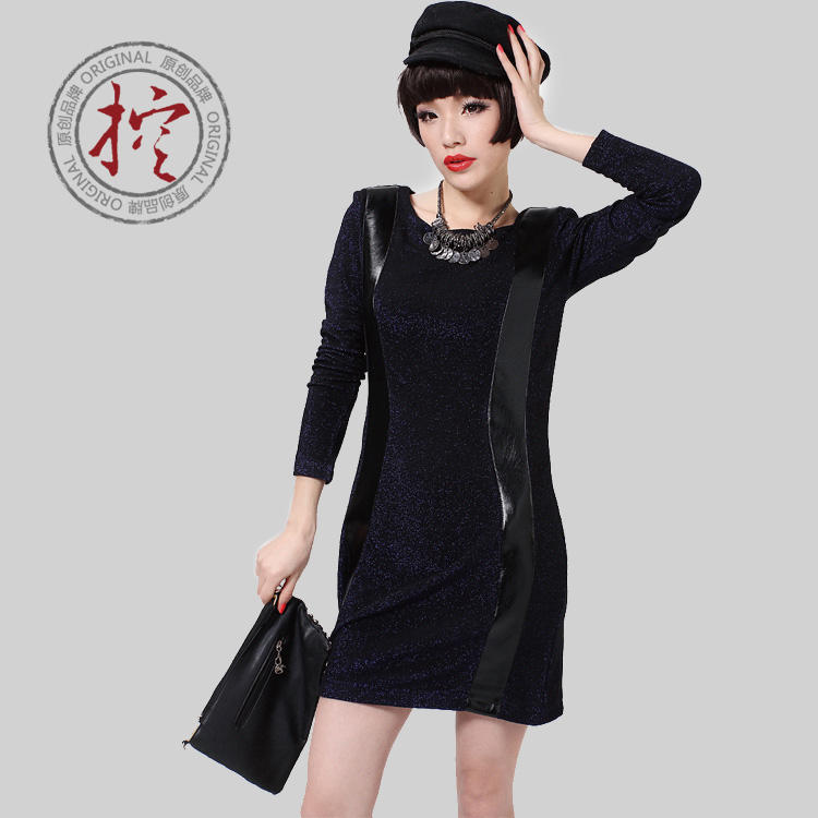 Fashion one-piece dress patchwork eco-friendly leather wire metal slim hip short skirt