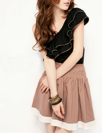 Fashion one shoulder oblique three-dimensional kimono big ruffle double layer zipper slim fashion top