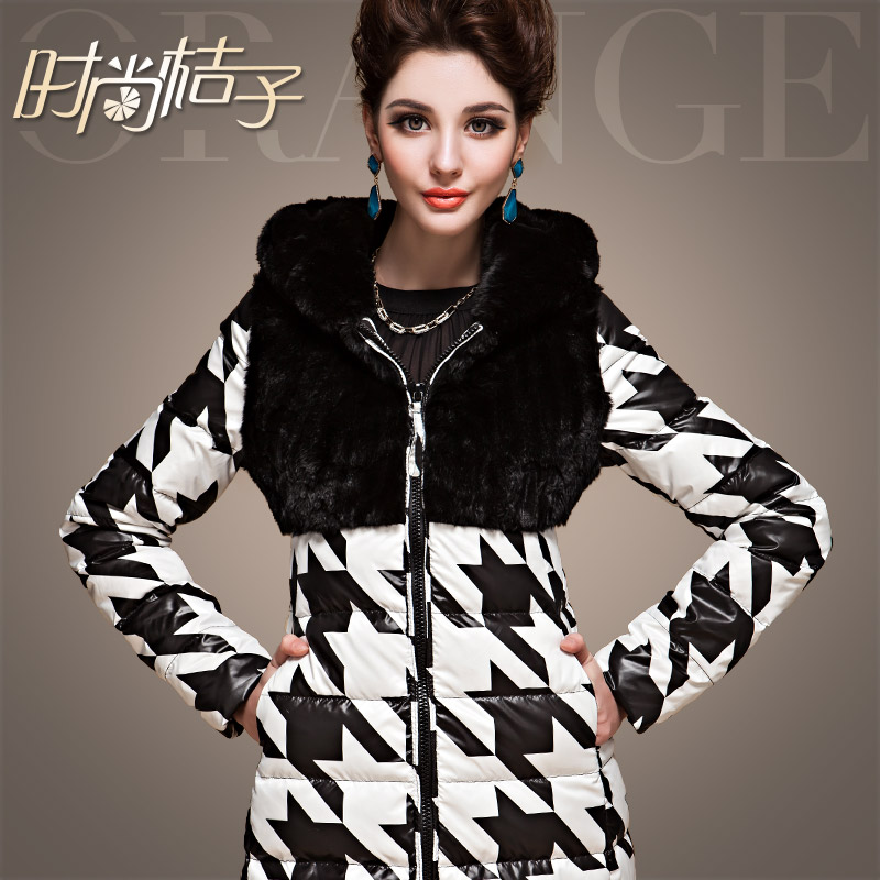 Fashion orange houndstooth fur rabbit fur long design slim down coat down coat medium-long female