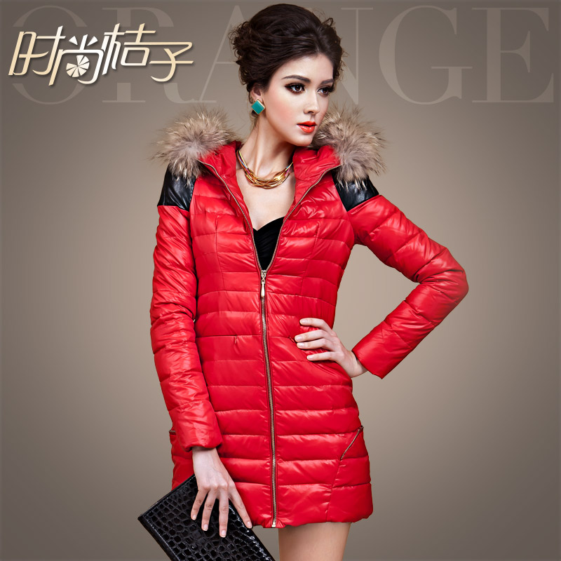 Fashion orange leather thin long design slim down coat female medium-long