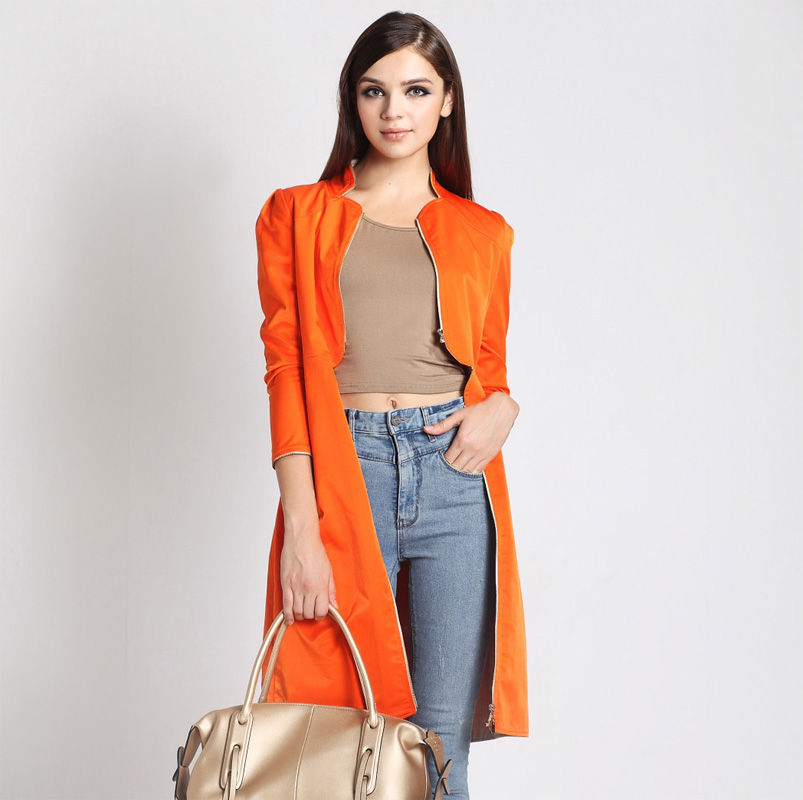 Fashion Orange Zipper Linen Lining Elegant Stand Collar Brief Long Design Trench / Freeshipping