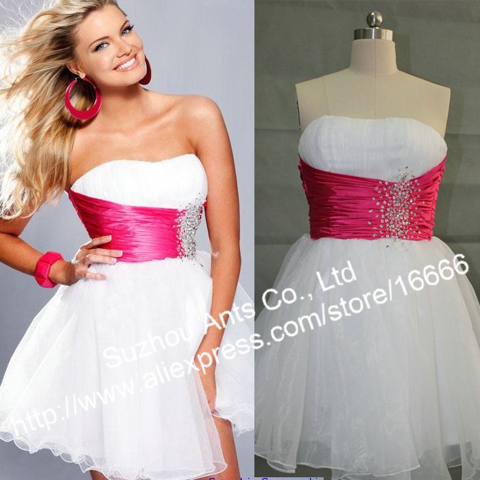 Fashion Organza Strapless Evening Cocktail Party Dress with Pink Sash RE529