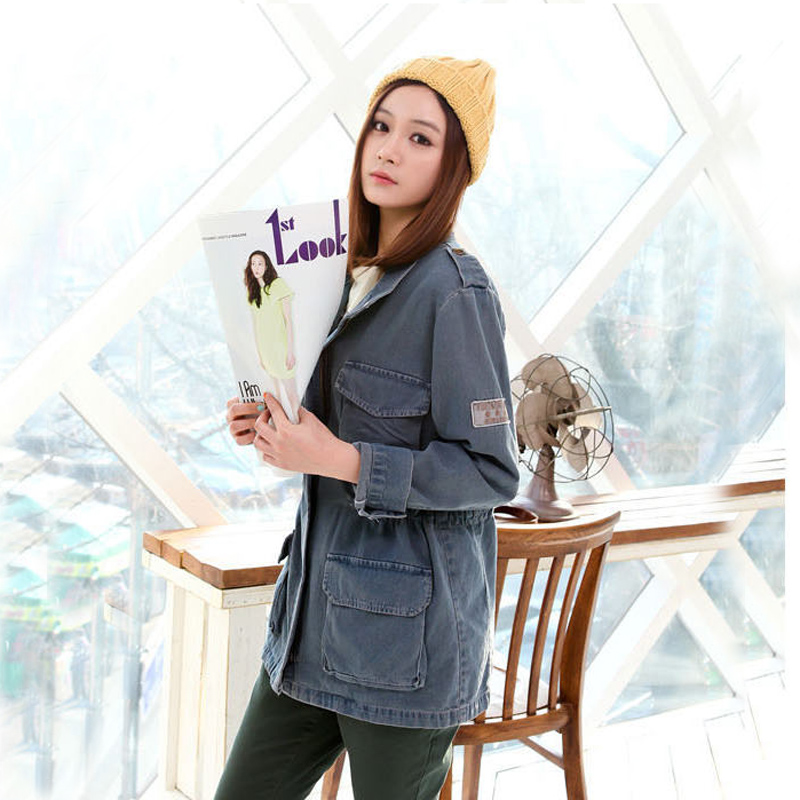 Fashion outerwear tooling denim trench outerwear slim waist denim coat plus size loose retro denim finishing
