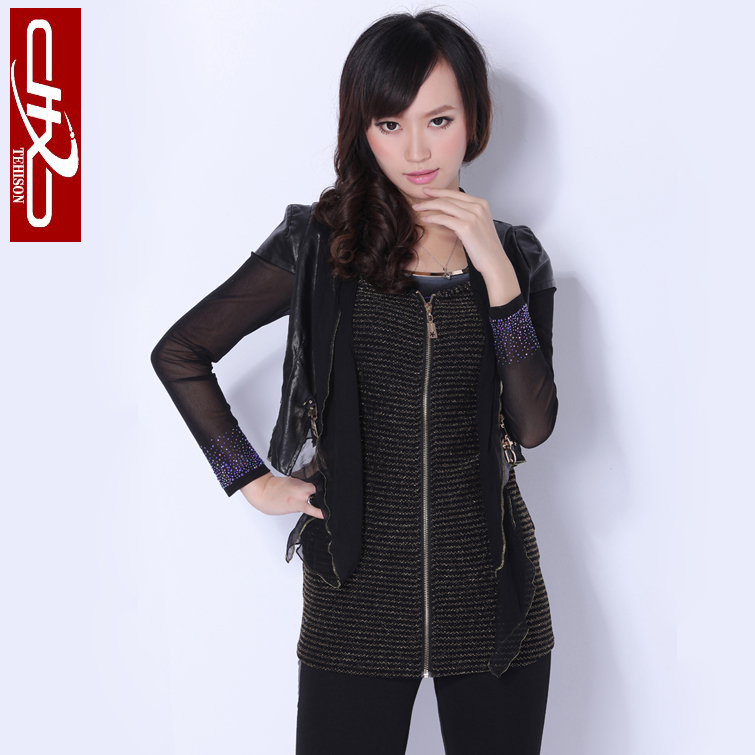 Fashion outerwear vest female 2013 women's spring leather vest gauze vest square collar fur vest