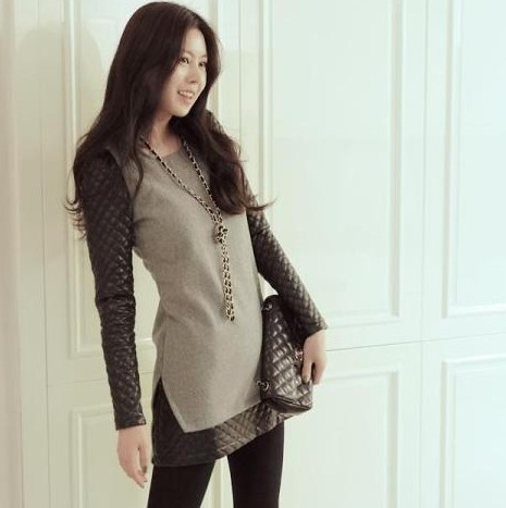 Fashion Patchwork Dress, Ladies Trendy Woolen and PU Leather Patchwork Slim One-piece Dress