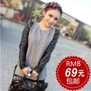Fashion patchwork leather women's long-sleeve basic autumn and winter woolen plus size one-piece dress
