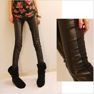 Fashion patchwork legging faux leather after cotton plus velvet thickening warm pants ankle length trousers