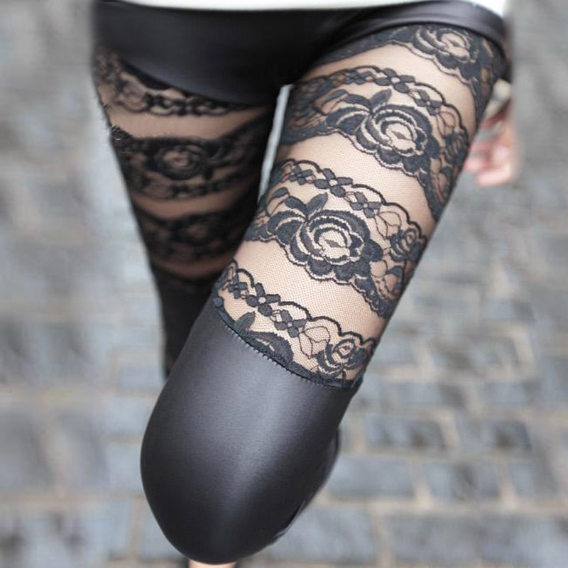 Fashion patchwork pants female legging autumn and winter faux leather legging female plus size lace bodice long trousers