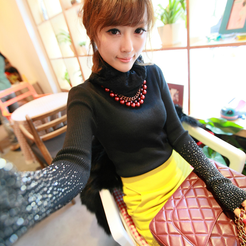 Fashion patchwork thickening sweater pullover sweet lace turtleneck diamond basic h2430 long-sleeve shirt