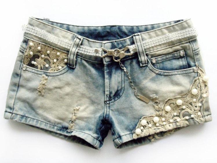 Fashion Pearl Beading Lace Ornament Denim Shorts Vintage Color Women Jean Short Pants free shipping