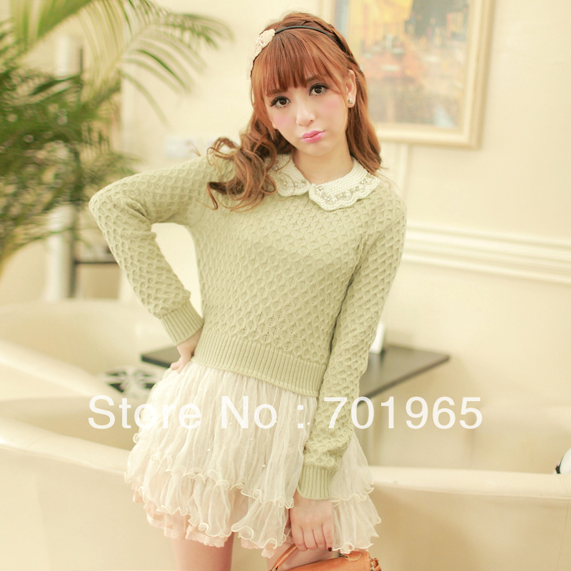 Fashion Pearl Gauze Button Sweet Sweater Round Neck Slim Tops MF3307